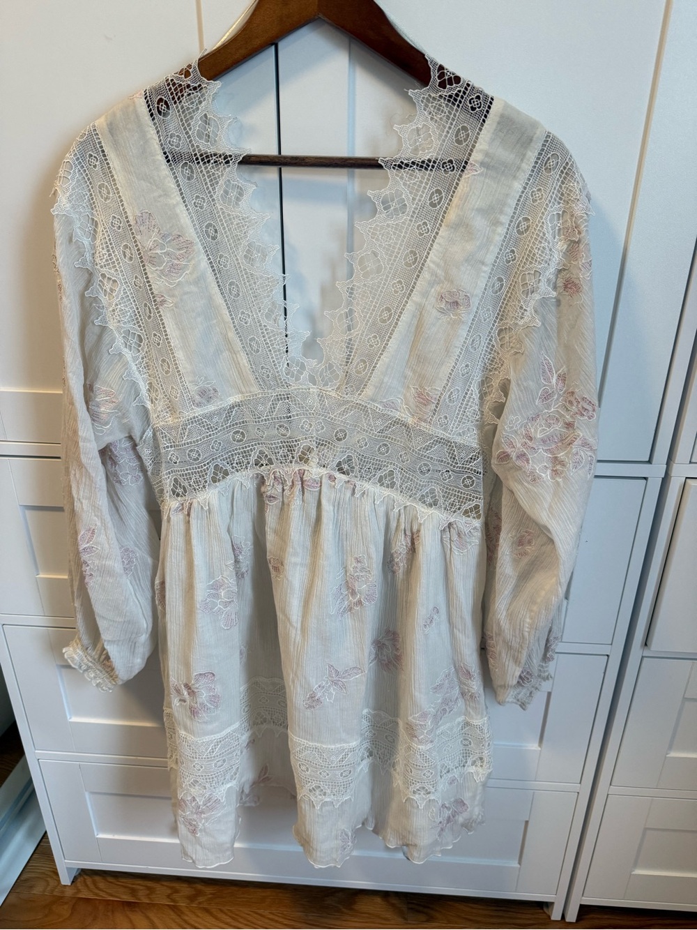 Free People Cream Long-Sleeve Lace Peasant Dress with Pink Floral Embroidery